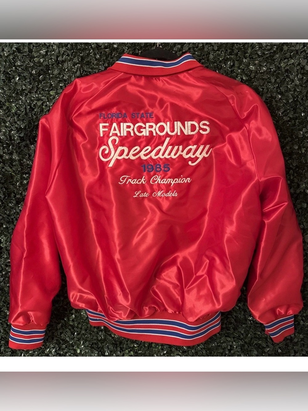 1985 satin racing bomber jacket embroidered Florida State Fairgrounds Champion L